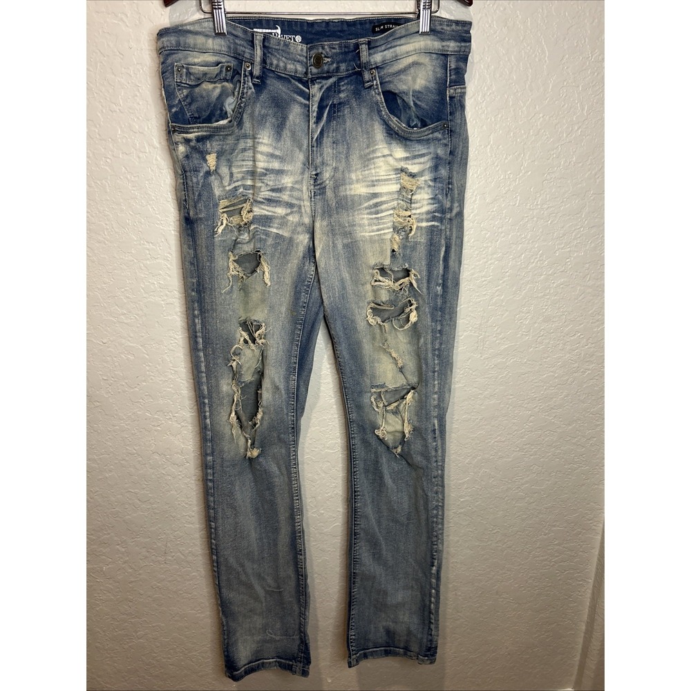 Copper‎ Rivet Jeans Mens 34x34 Slim Fit Distressed Light Wash Stretch Blue